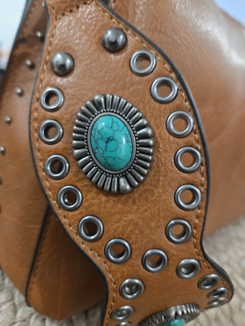 Sam & Hadley Cognac Hobo Bag Turquoise Studded Strap Western Boho - Picture 8 of 12